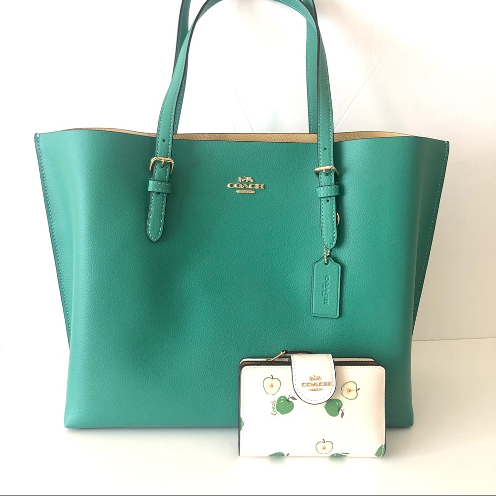 Coach Tote Large Green Apple Purse Wallet Set